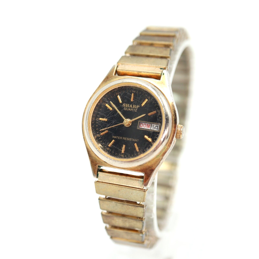 Vintage Sharp Womens Day Date Watch 25mm Black Dial Gold Tone with New Battery